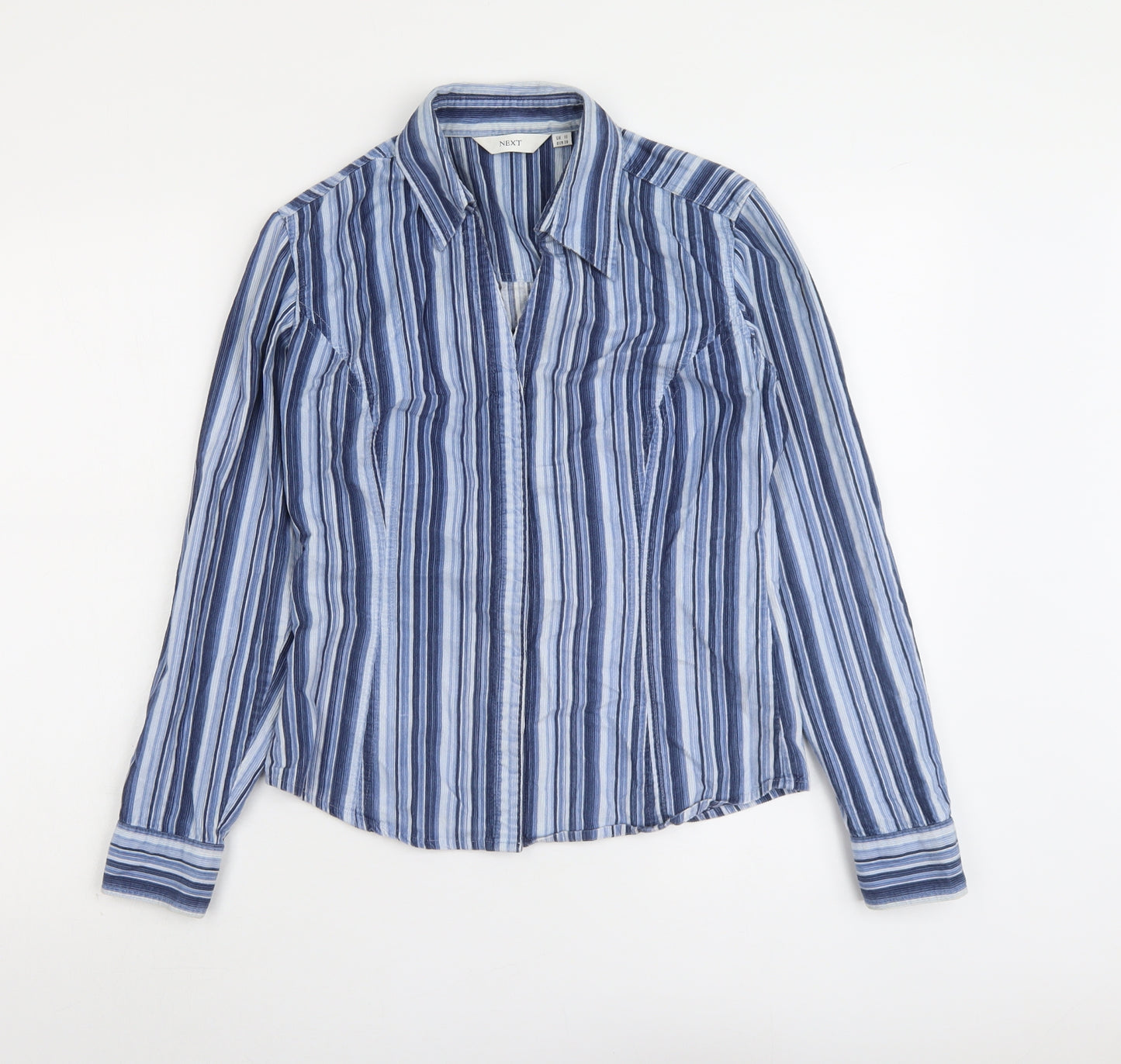 NEXT Womens Blue Striped Cotton Basic Button-Up Size 10 Collared