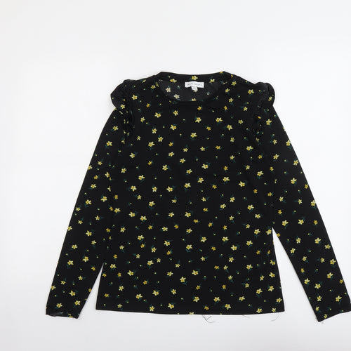 Warehouse Womens Black Floral Polyester Basic T-Shirt Size 10 Round Neck