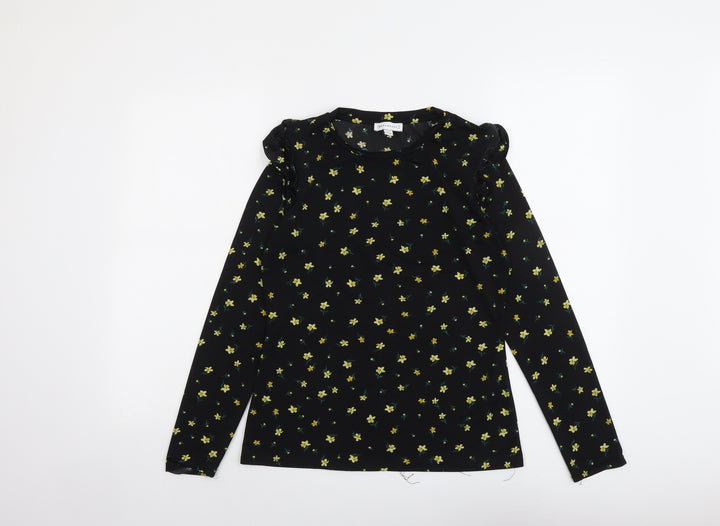 Warehouse Womens Black Floral Polyester Basic T-Shirt Size 10 Round Neck