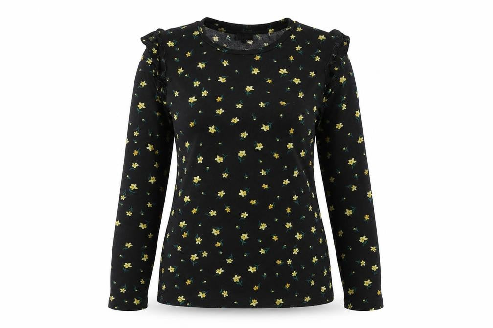 Front view of Warehouse women’s black floral polyester basic t-shirt, size UK 10, round neck