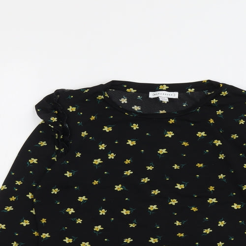 Warehouse Womens Black Floral Polyester Basic T-Shirt Size 10 Round Neck