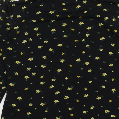 Warehouse Womens Black Floral Polyester Basic T-Shirt Size 10 Round Neck