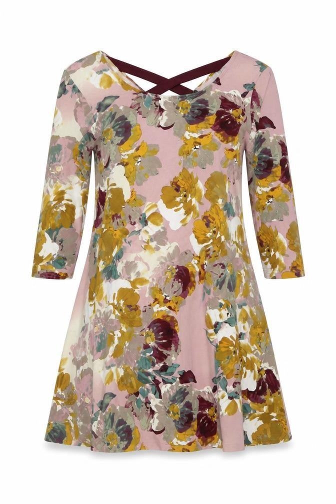 Front view of Nina Leonard women’s multicoloured geometric polyester a-line, size M, round neck pullover