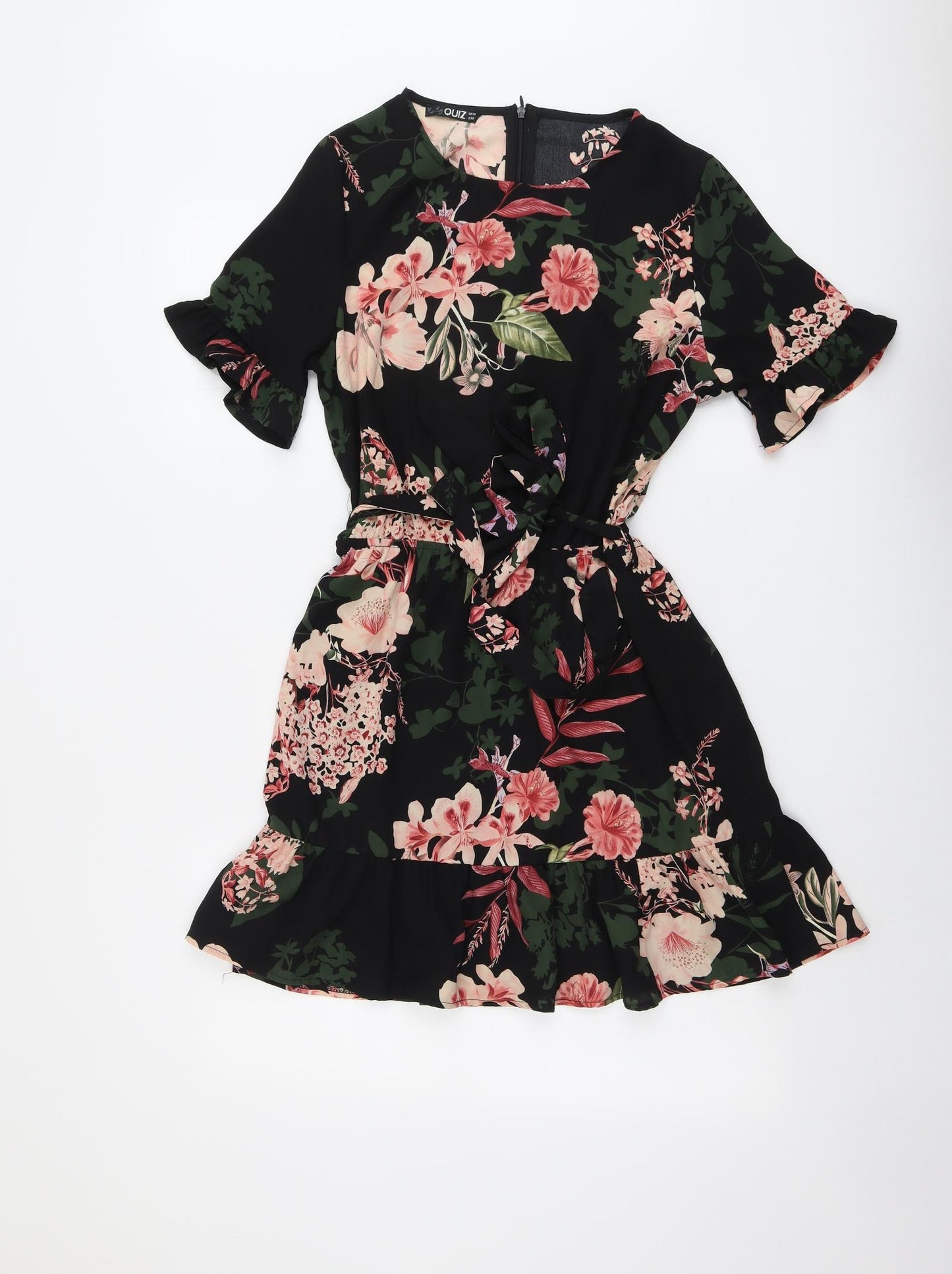 Quiz Womens Black Floral Polyester A-Line Size 10 Round Neck Zip