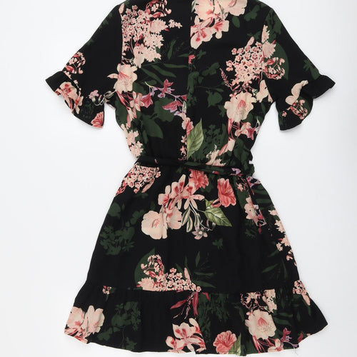 Quiz Womens Black Floral Polyester A-Line Size 10 Round Neck Zip