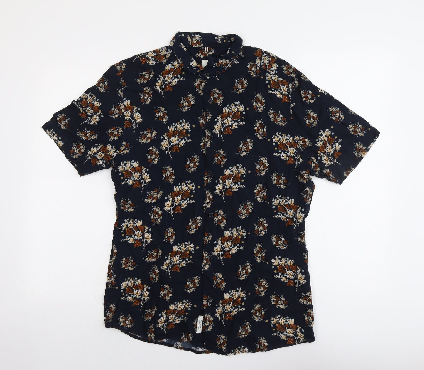 River Island Mens Blue Floral Viscose Button-Up Size M Collared Button