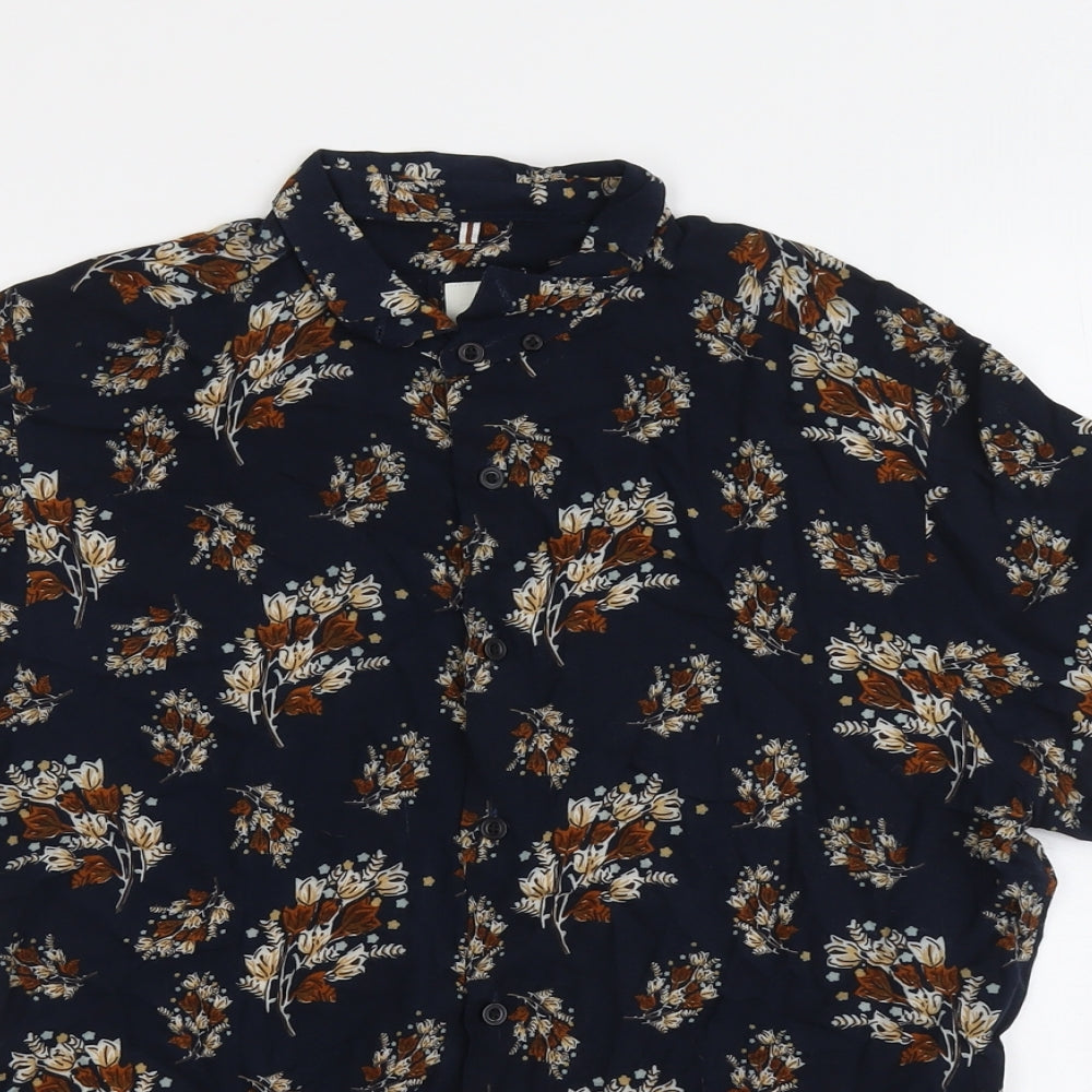 River Island Mens Blue Floral Viscose Button-Up Size M Collared Button