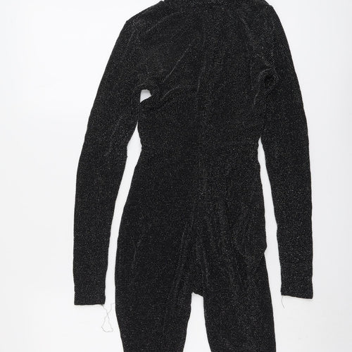 PRETTYLITTLETHING Womens Black Geometric Polyester Playsuit One-Piece Size 6 Button - Open Back