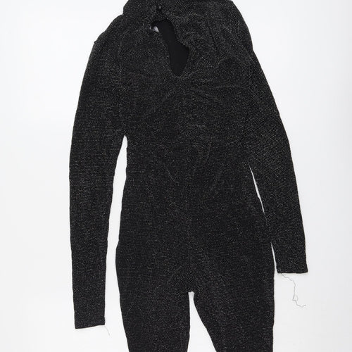 PRETTYLITTLETHING Womens Black Geometric Polyester Playsuit One-Piece Size 6 Button - Open Back