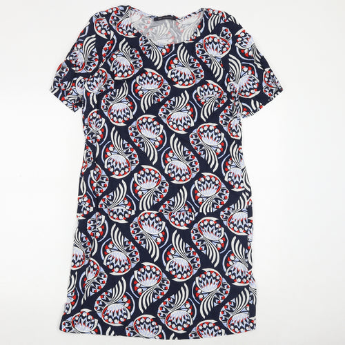 Marks and Spencer Womens Blue Geometric Flax Shift Size 12 Round Neck Pullover