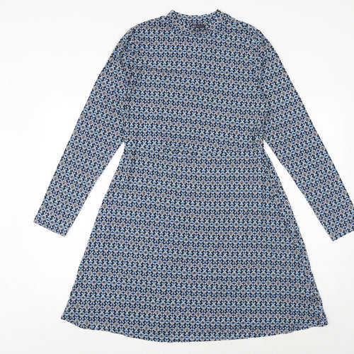 Marks and Spencer Womens Blue Geometric Viscose A-Line Size 12 Round Neck Pullover