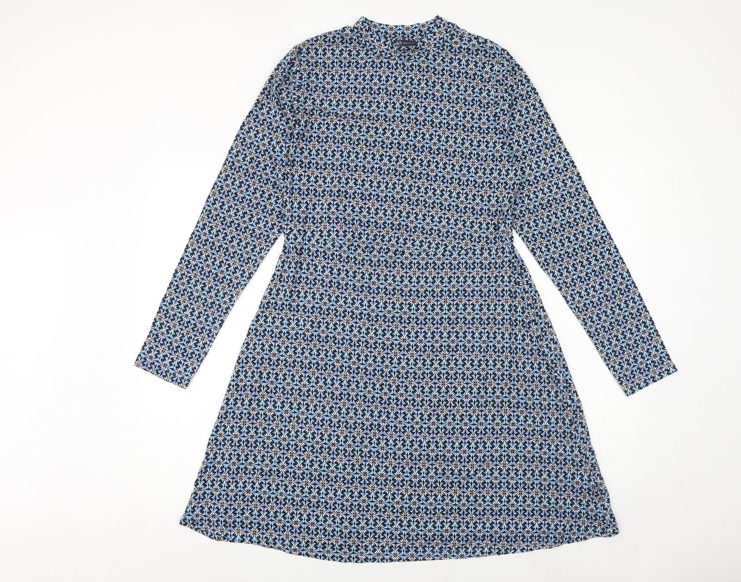 Marks and Spencer Womens Blue Geometric Viscose A-Line Size 12 Round Neck Pullover