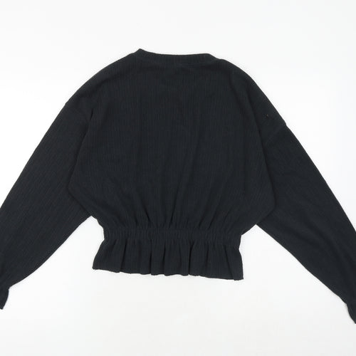 Zara Womens Black Polyester Basic Blouse Size S Crew Neck - Shirred Waist