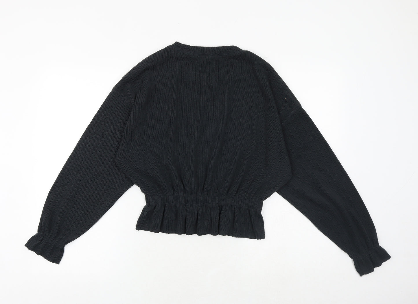 Zara Womens Black Polyester Basic Blouse Size S Crew Neck - Shirred Waist