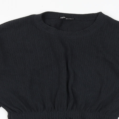 Zara Womens Black Polyester Basic Blouse Size S Crew Neck - Shirred Waist