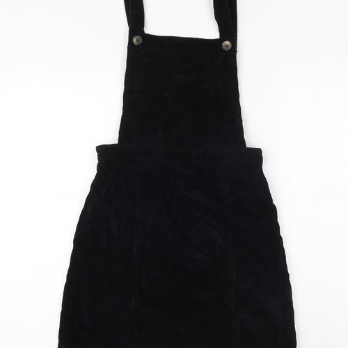 Topshop Womens Black 100% Cotton Pinafore/Dungaree Dress Size 4 Square Neck Button