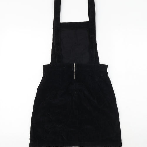 Topshop Womens Black 100% Cotton Pinafore/Dungaree Dress Size 4 Square Neck Button