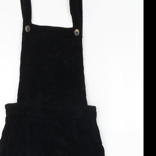 Topshop Womens Black 100% Cotton Pinafore/Dungaree Dress Size 4 Square Neck Button