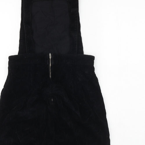 Topshop Womens Black 100% Cotton Pinafore/Dungaree Dress Size 4 Square Neck Button