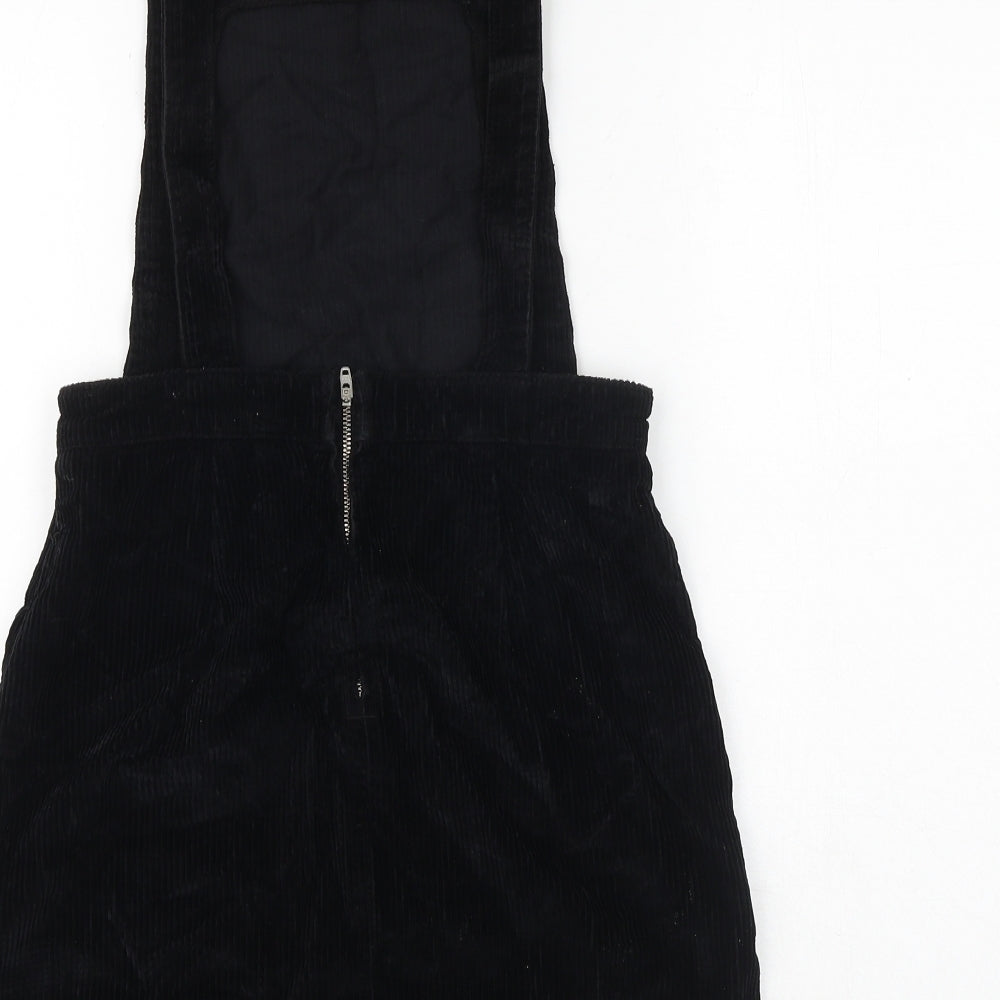 Topshop Womens Black 100% Cotton Pinafore/Dungaree Dress Size 4 Square Neck Button