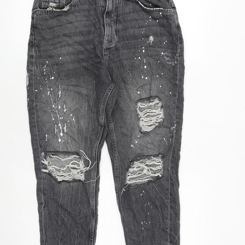 Pull&Bear Womens Grey Cotton Mom Jeans Size 12 Regular Zip - Splatter