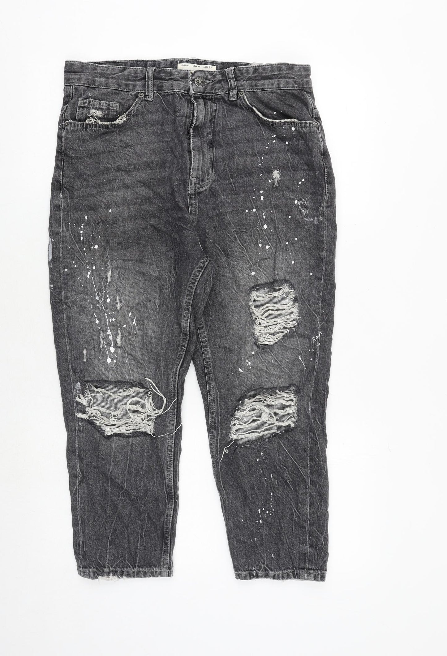 Pull&Bear Womens Grey Cotton Mom Jeans Size 12 Regular Zip - Splatter