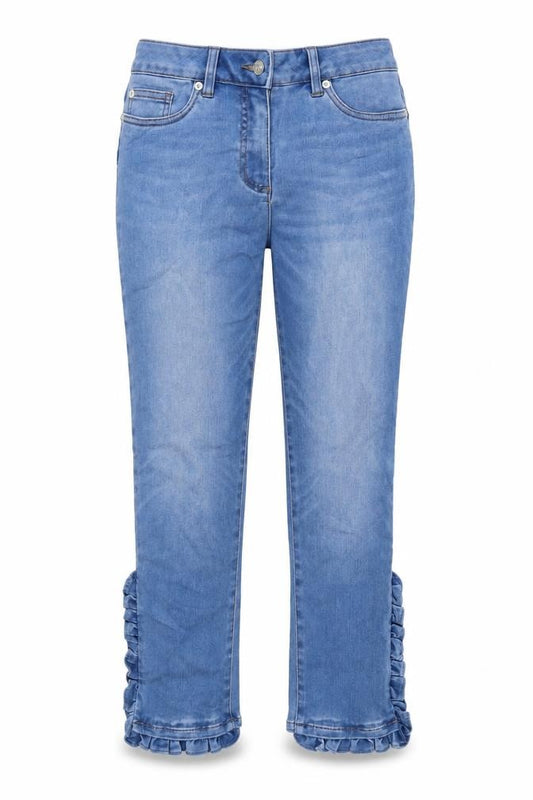 Front view of Madeleine women’s blue polyester skinny jeans, size UK 26, in regular zip