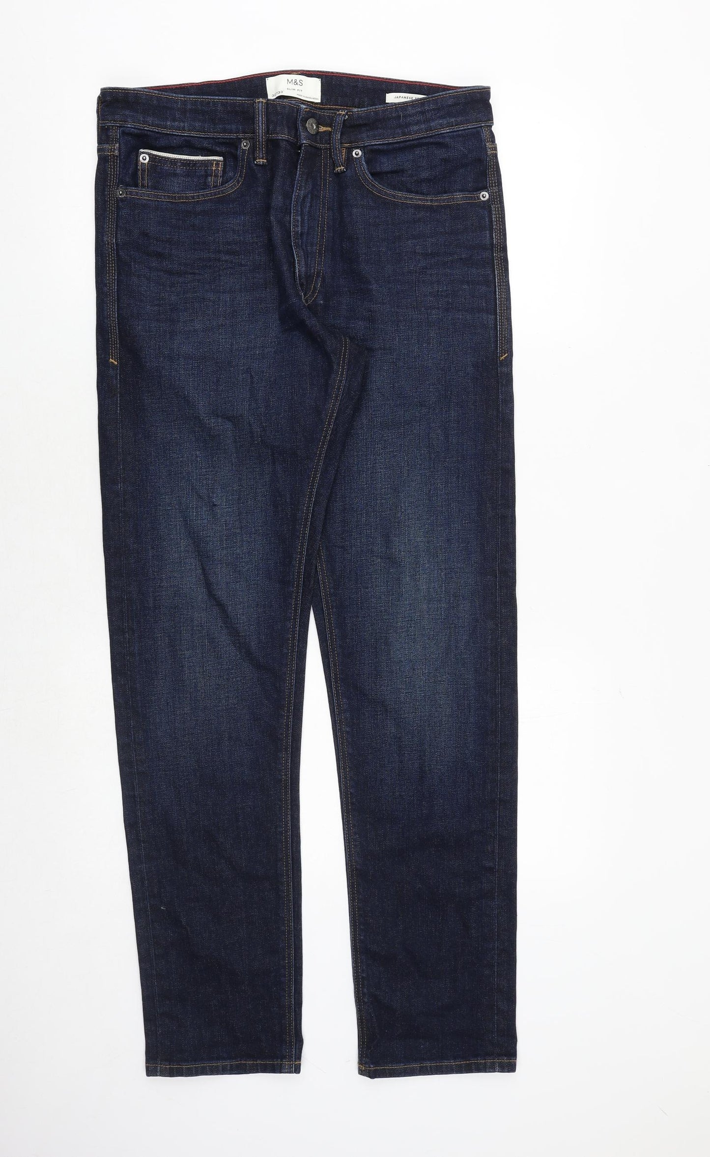 Marks and Spencer Mens Blue Cotton Straight Jeans Size 32 in L33 in Slim Zip