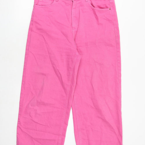 Marks and Spencer Womens Pink Cotton Wide-Leg Jeans Size 16 Regular Zip