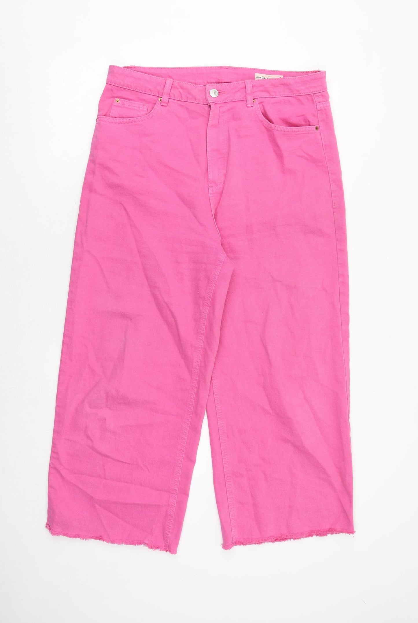 Marks and Spencer Womens Pink Cotton Wide-Leg Jeans Size 16 Regular Zip