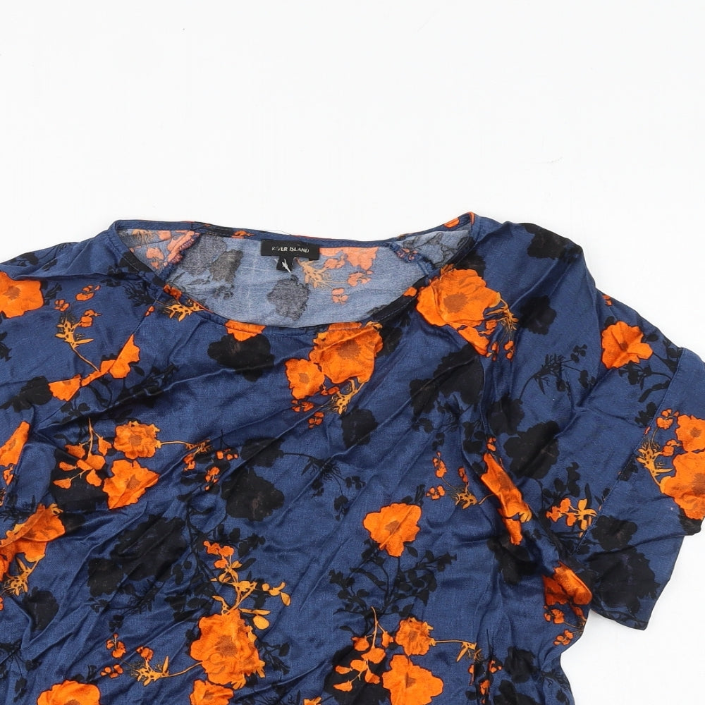 River Island Womens Blue Floral Viscose Basic T-Shirt Size 10 Round Neck