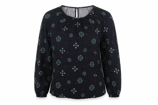 Front view of Marks & Spencer women’s blue geometric viscose basic blouse, size UK 8, boat neck