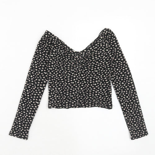 Bershka Womens Black Floral Polyester Basic T-Shirt Size XS Off the Shoulder
