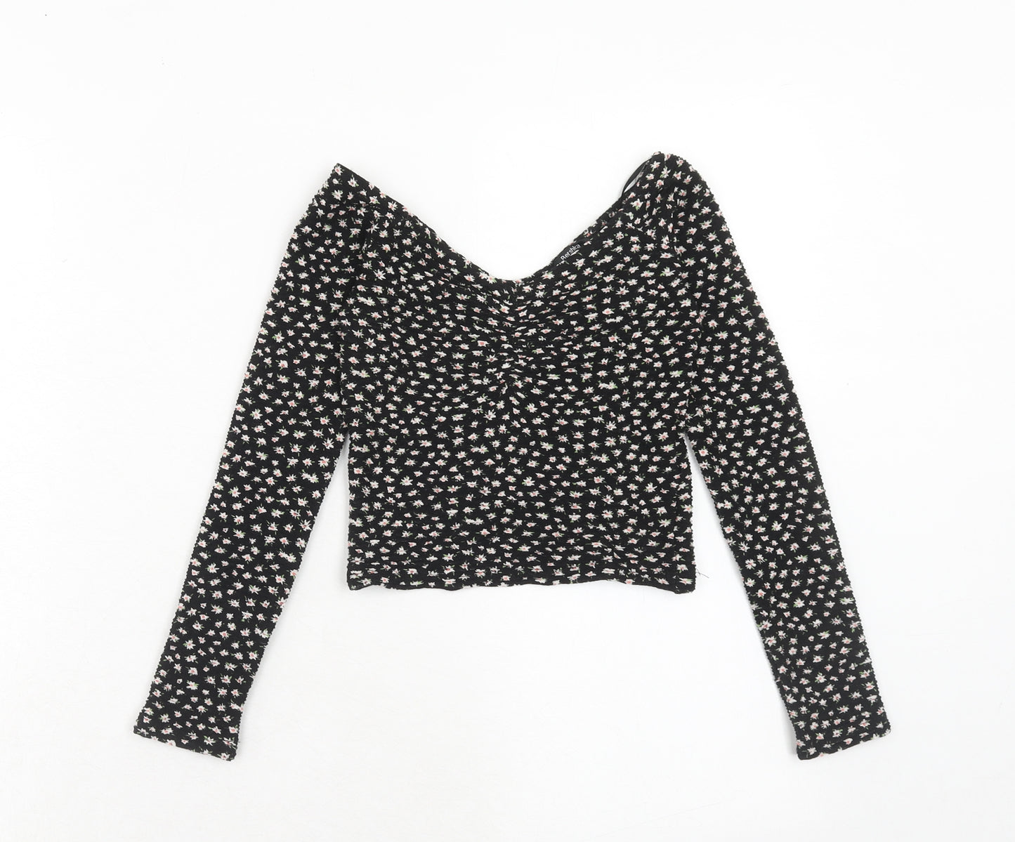 Bershka Womens Black Floral Polyester Basic T-Shirt Size XS Off the Shoulder