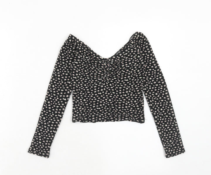 Bershka Womens Black Floral Polyester Basic T-Shirt Size XS Off the Shoulder