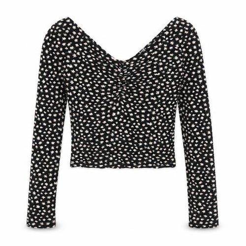 Bershka Womens Black Floral Polyester Basic T-Shirt Size XS Off the Shoulder