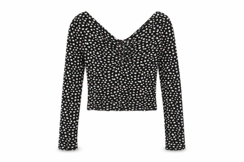 Bershka Womens Black Floral Polyester Basic T-Shirt Size XS Off the Shoulder