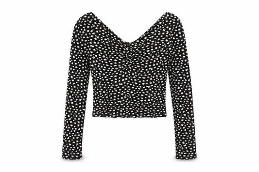 Front view of Bershka women’s black floral polyester basic t-shirt, size XS, off the shoulder
