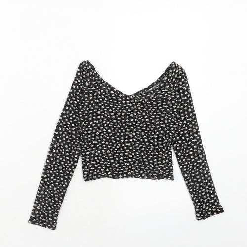 Bershka Womens Black Floral Polyester Basic T-Shirt Size XS Off the Shoulder