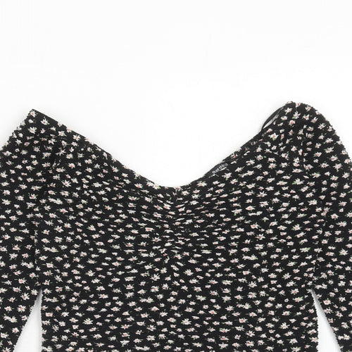 Bershka Womens Black Floral Polyester Basic T-Shirt Size XS Off the Shoulder