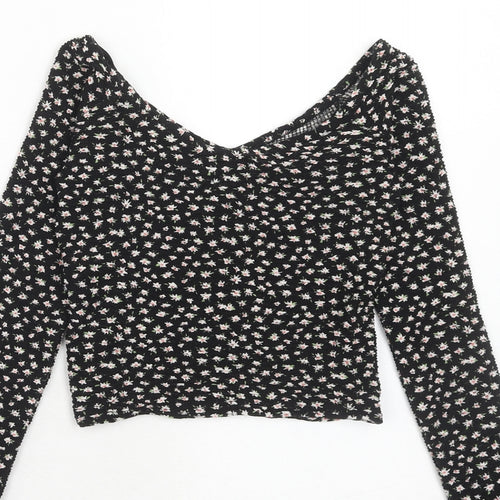 Bershka Womens Black Floral Polyester Basic T-Shirt Size XS Off the Shoulder