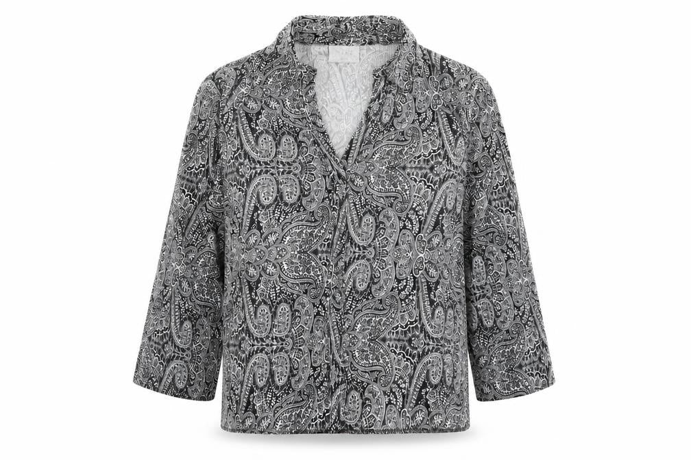 Front view of Next women’s black paisley polyester basic blouse, size UK 6, collared