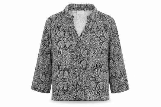 Front view of Next women’s black paisley polyester basic blouse, size UK 6, collared