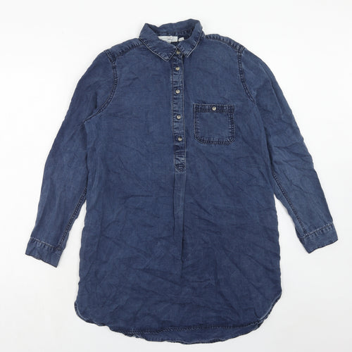 H&M Womens Blue Lyocell Shirt Dress Size 10 Collared Button