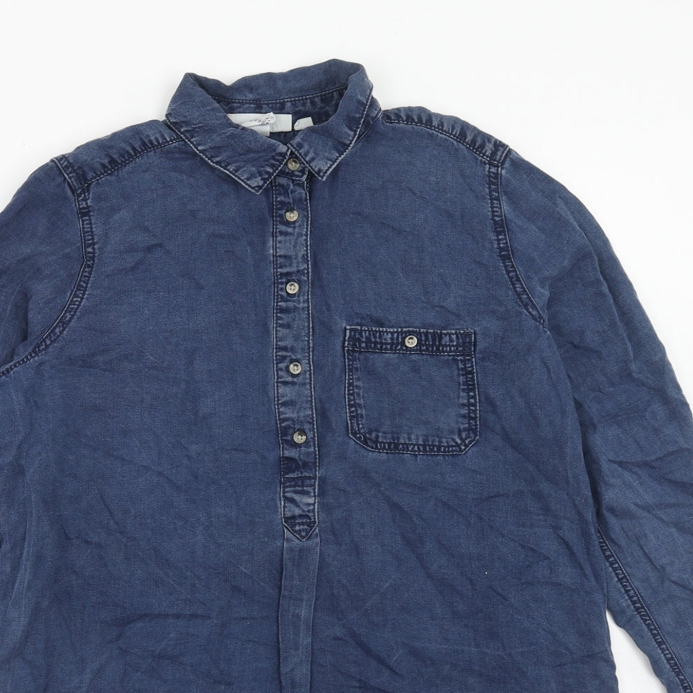 H&M Womens Blue Lyocell Shirt Dress Size 10 Collared Button