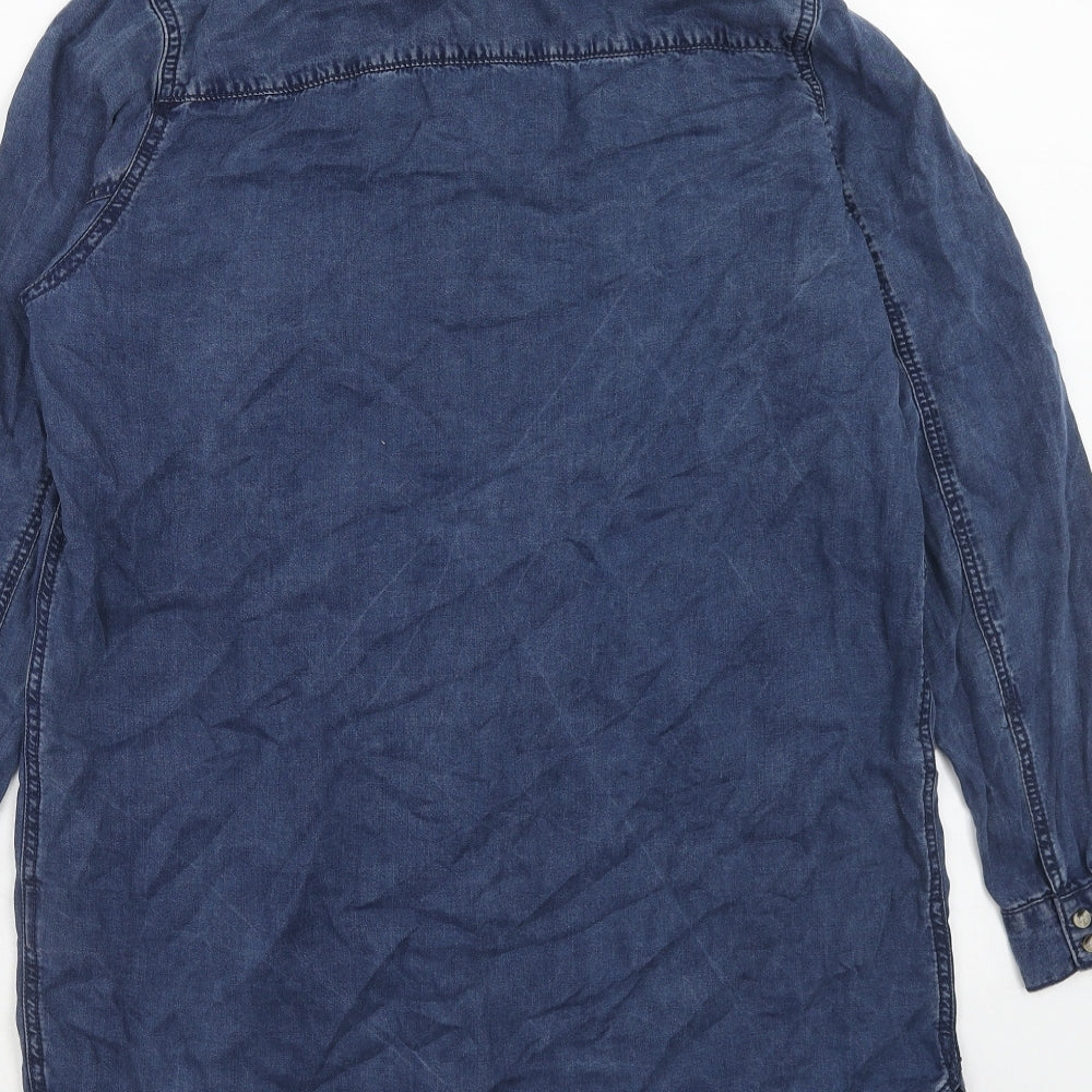 H&M Womens Blue Lyocell Shirt Dress Size 10 Collared Button