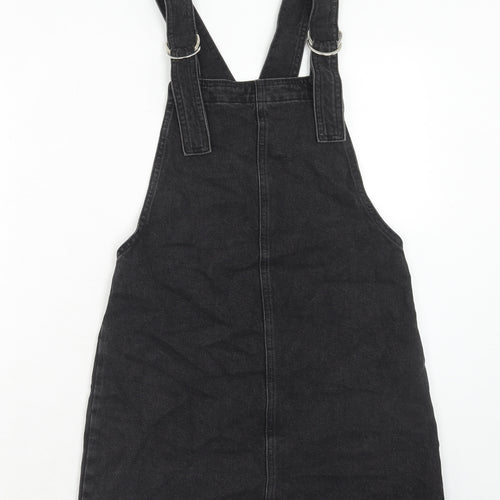 Topshop Womens Black Cotton Pinafore/Dungaree Dress Size 6 Square Neck Button