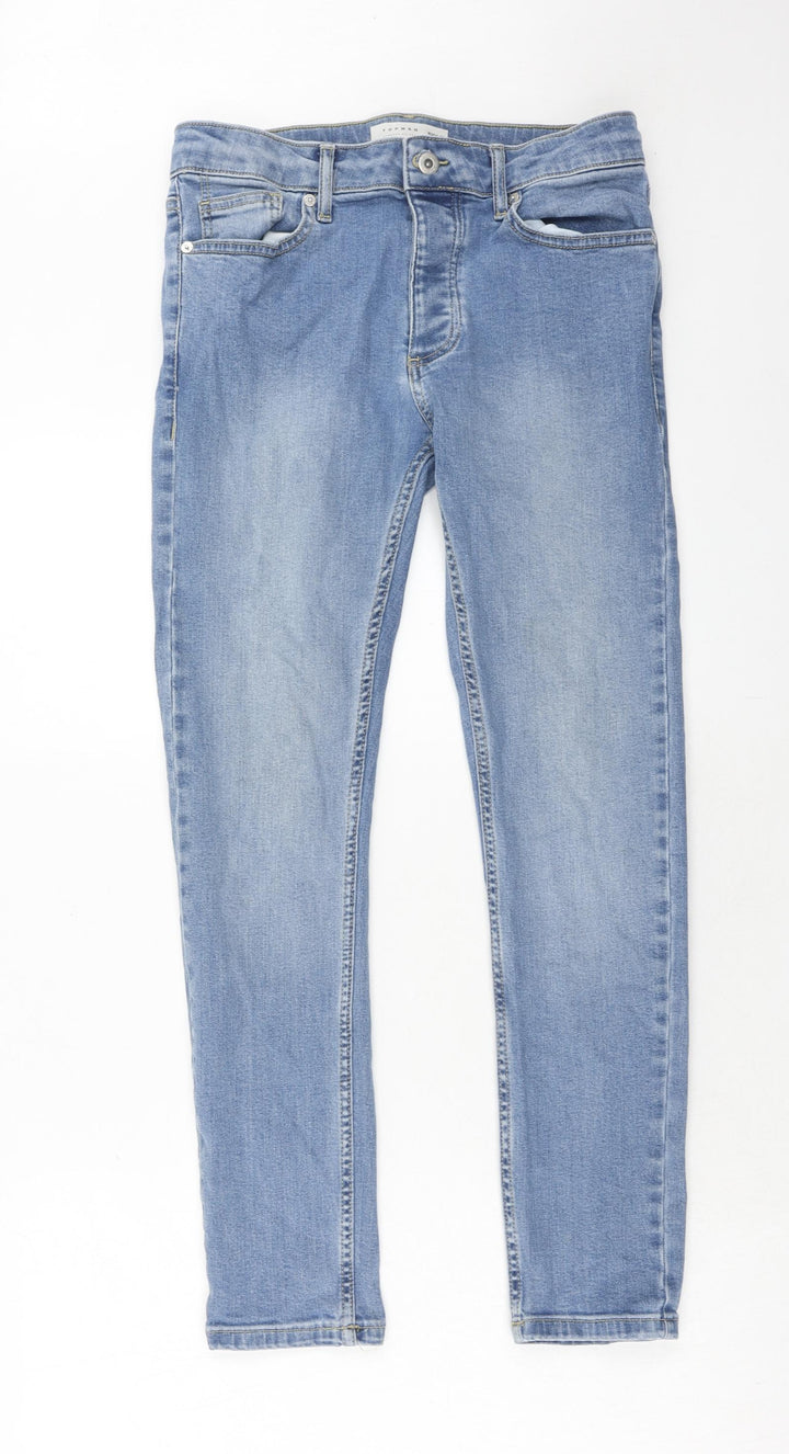 Topman Mens Blue Cotton Skinny Jeans Size 30 in L30 in Relaxed Zip