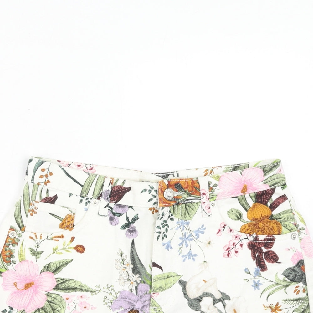 Topshop Womens White Floral Cotton Cut-Off Shorts Size 10 Regular Zip