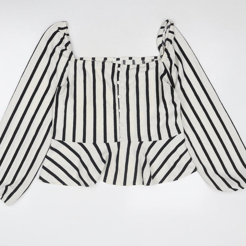 H&M Womens White Striped Polyester Basic Blouse Size L Square Neck